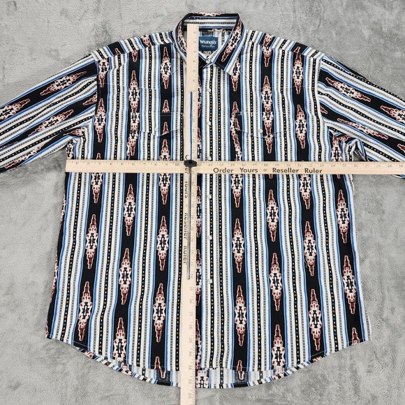 Wrangler Western Shirt Mens XL Black Aztec Stripe Pearl Snap Long Sleeve Cotton - Picture 10 of 14